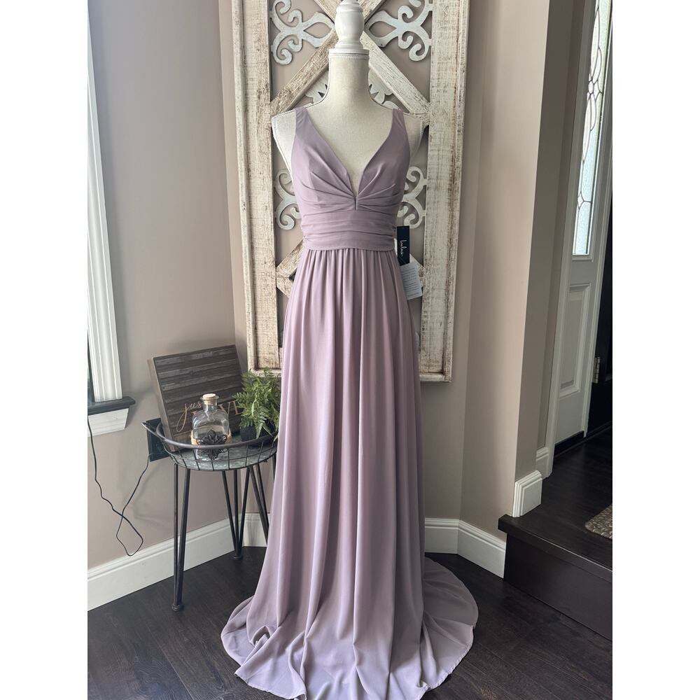 Lulu's Ruched A-Line Chiffon Maxi Dress Sleeveless in Taupe Purple